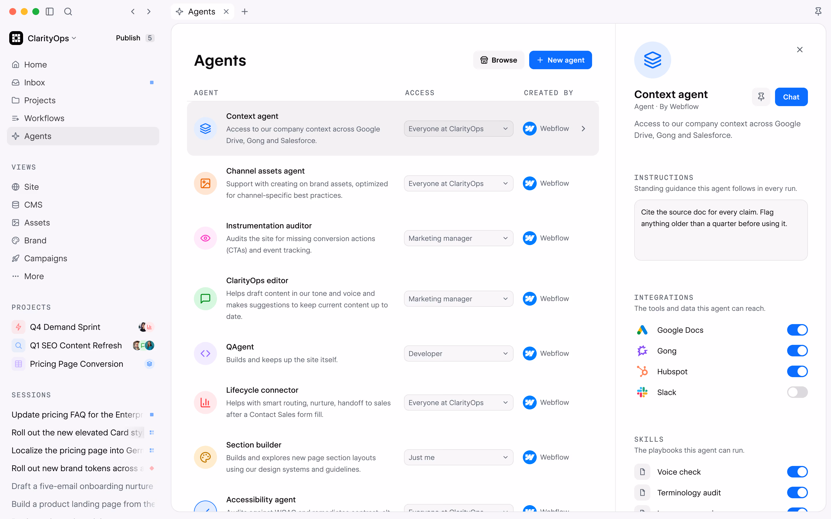 Source by Webflow showing a site agent working with an existing codebase
