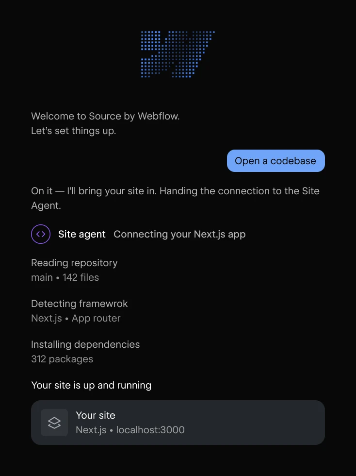 The welcome screen for the Source by Webflow desktop app