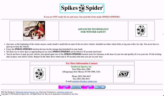 Archive screenshot of the Spike’s Spider website as built by MIS, circa 1998