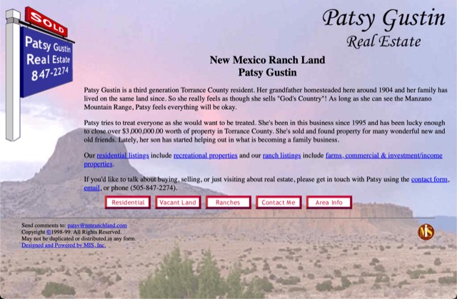 Archive screenshot of the NM Ranch Land website as built by MIS, circa 1999