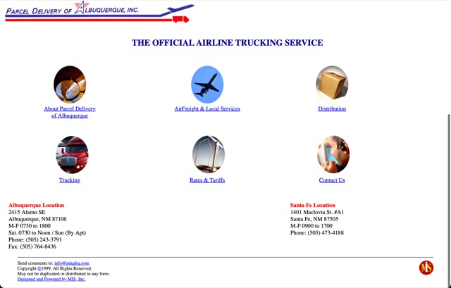 Archive screenshot of the PDQABQ website as built by MIS, circa 1999