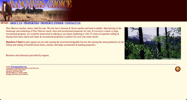 Archive screenshot of the NM Ranch Sales website as built by MIS, circa 2000