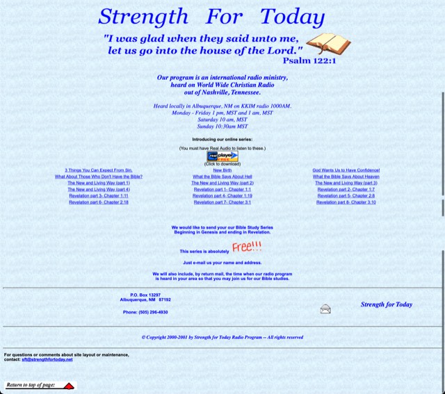 Archive screenshot of the Strength for Today website as built by MIS, circa 2001