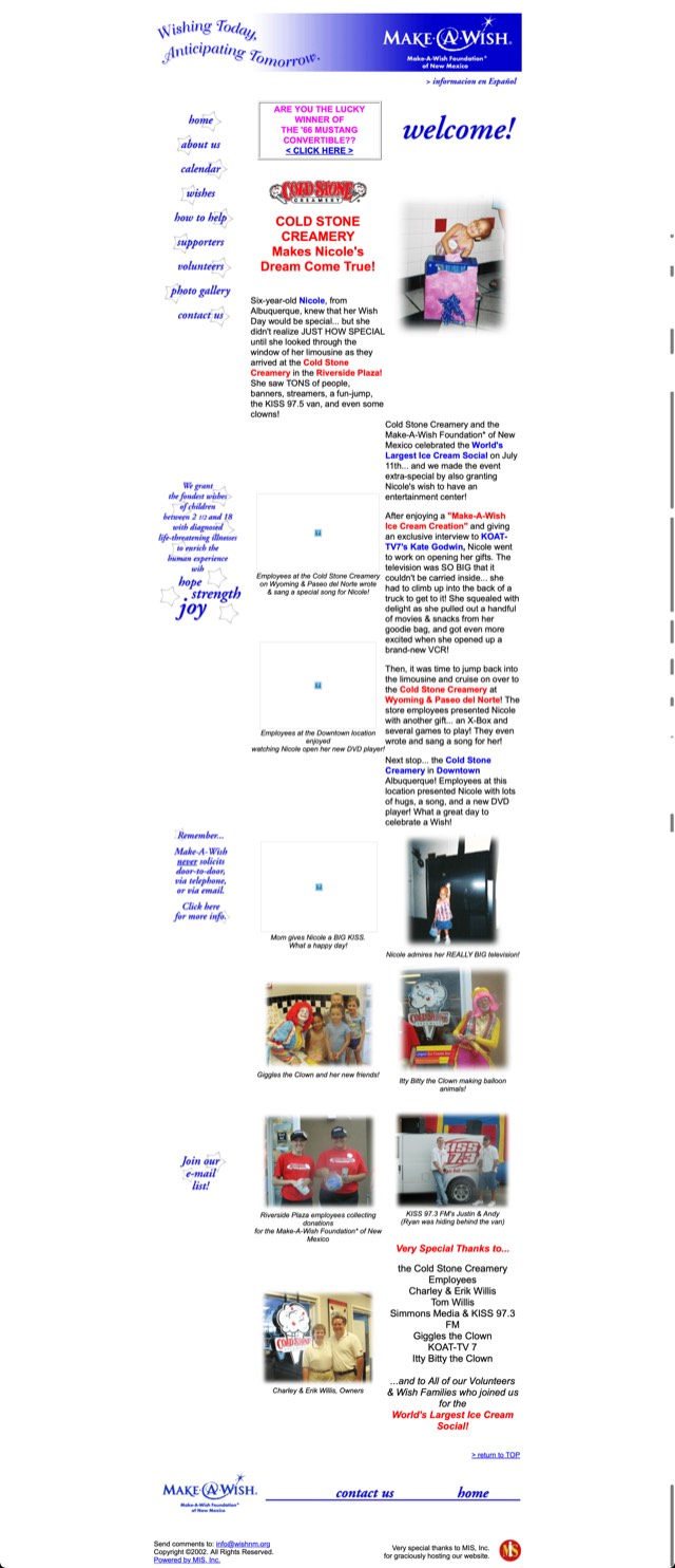 Archive screenshot of the Make-A-Wish New Mexico website as built by MIS, circa 2002
