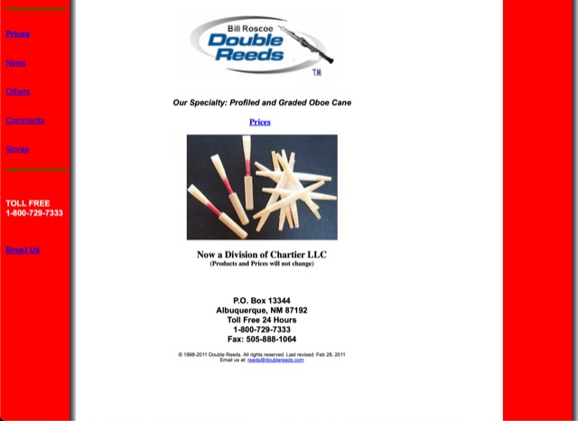 Archive screenshot of the Double Reeds website as built by MIS, circa 2011