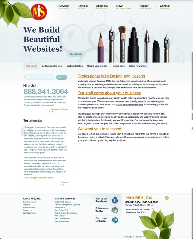 Archive screenshot of the MIS, Inc. website as built by MIS, circa 2013