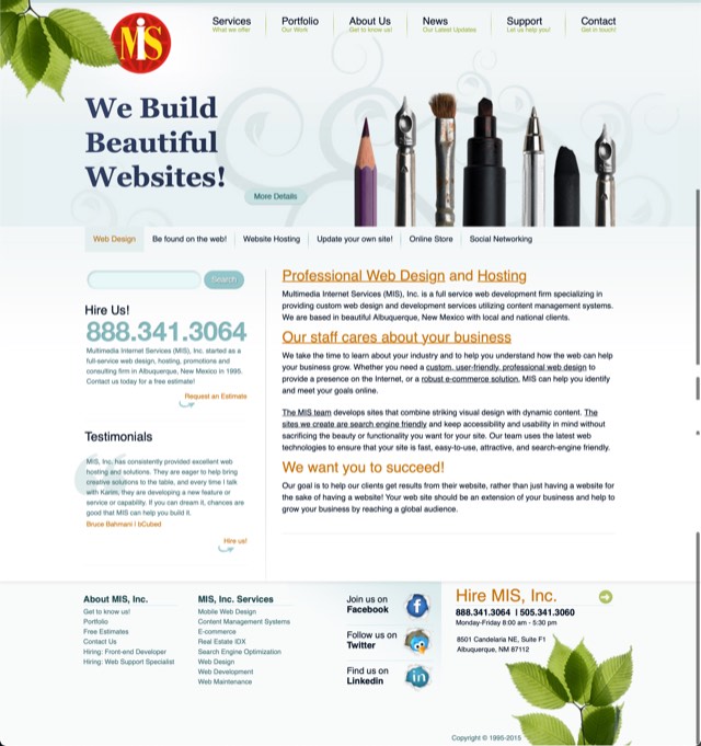 Archive screenshot of the MIS, Inc. website as built by MIS, circa 2016