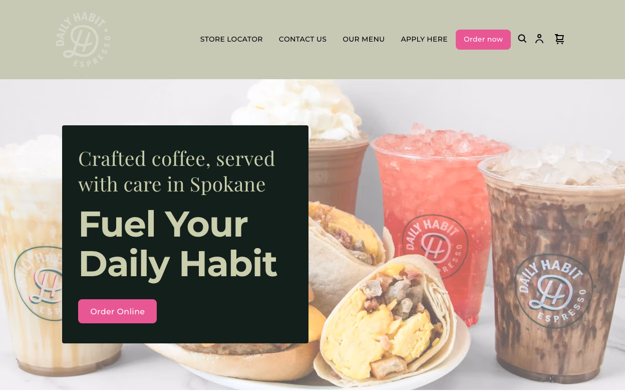 Daily Habit Espresso homepage with coffee drinks and breakfast food