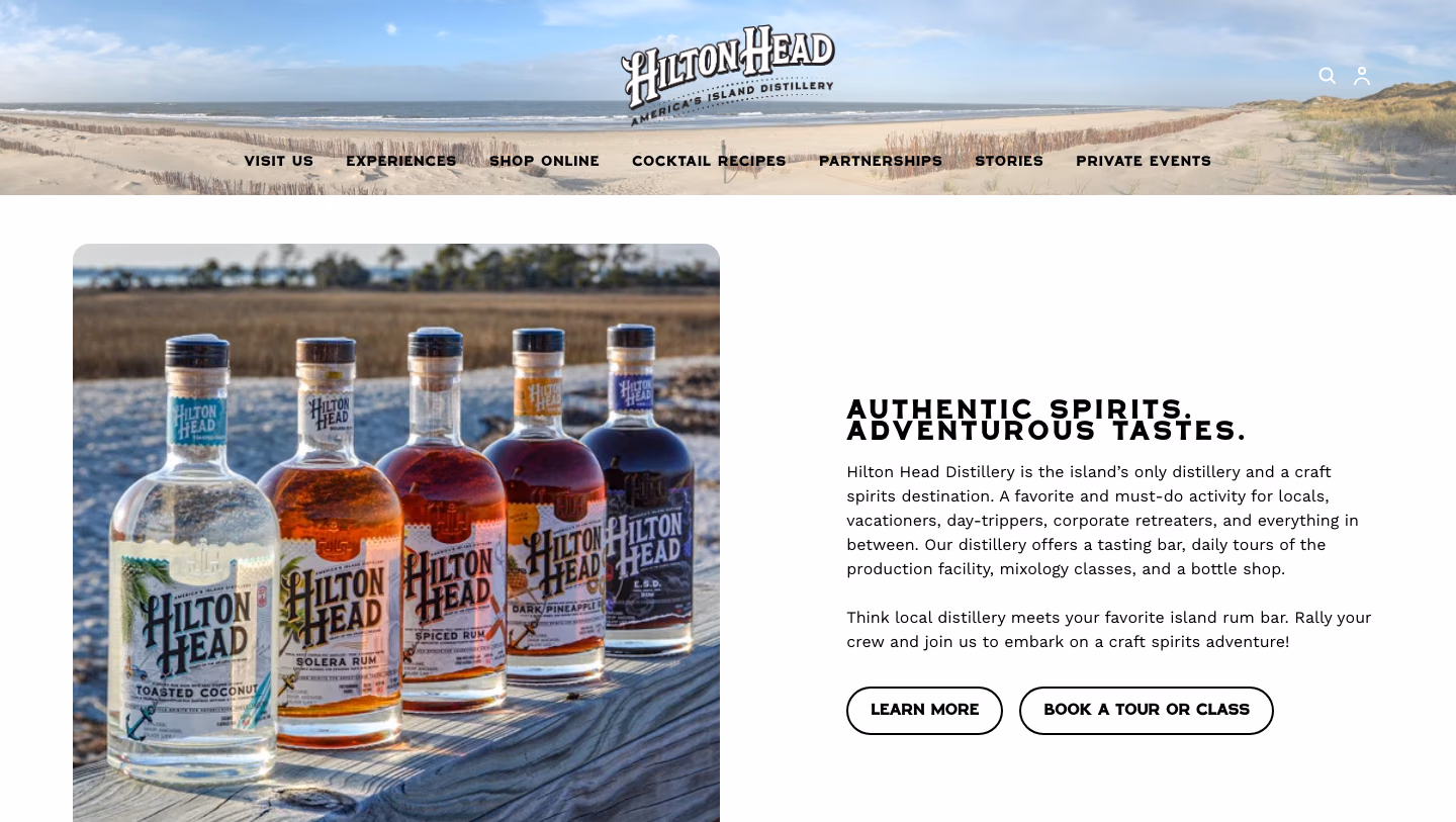 Hilton Head Distillery homepage featuring its craft rum collection