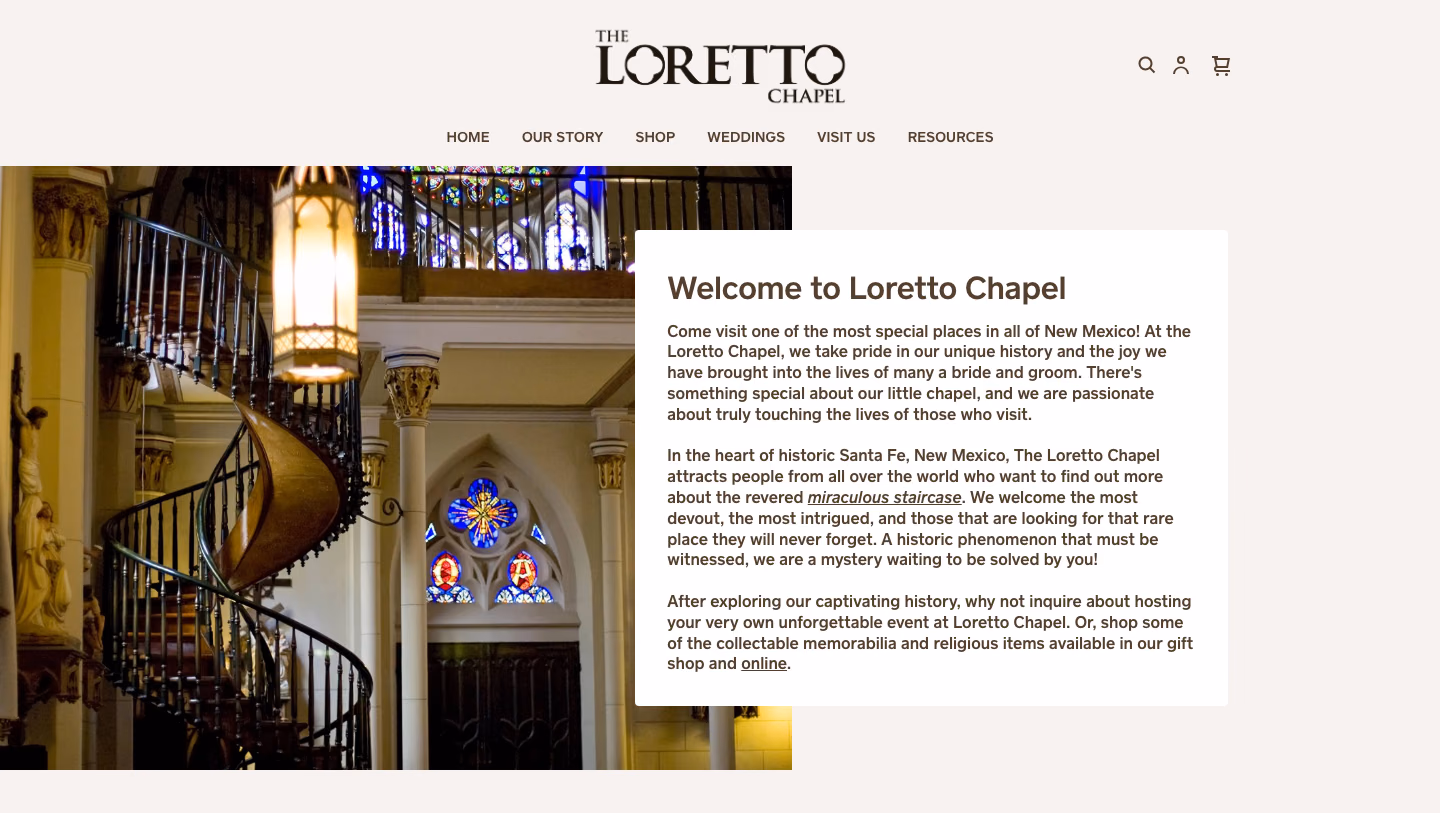 Loretto Chapel homepage featuring its miraculous staircase and stained glass