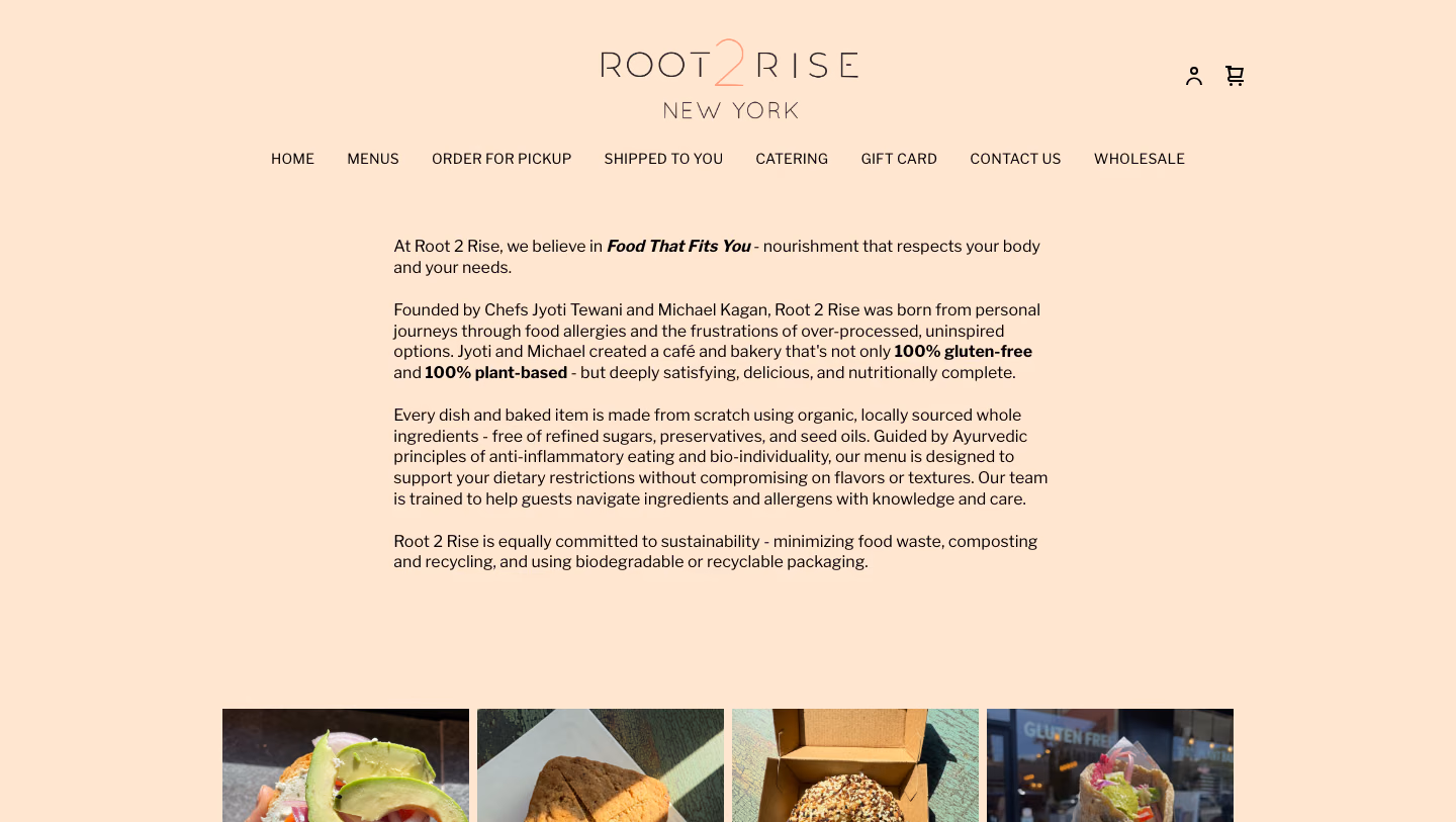 Root 2 Rise New York homepage with café information and food photography