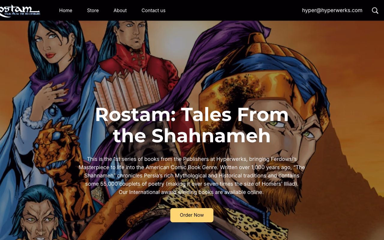The Shahnameh homepage featuring illustrated characters from the Rostam comic books