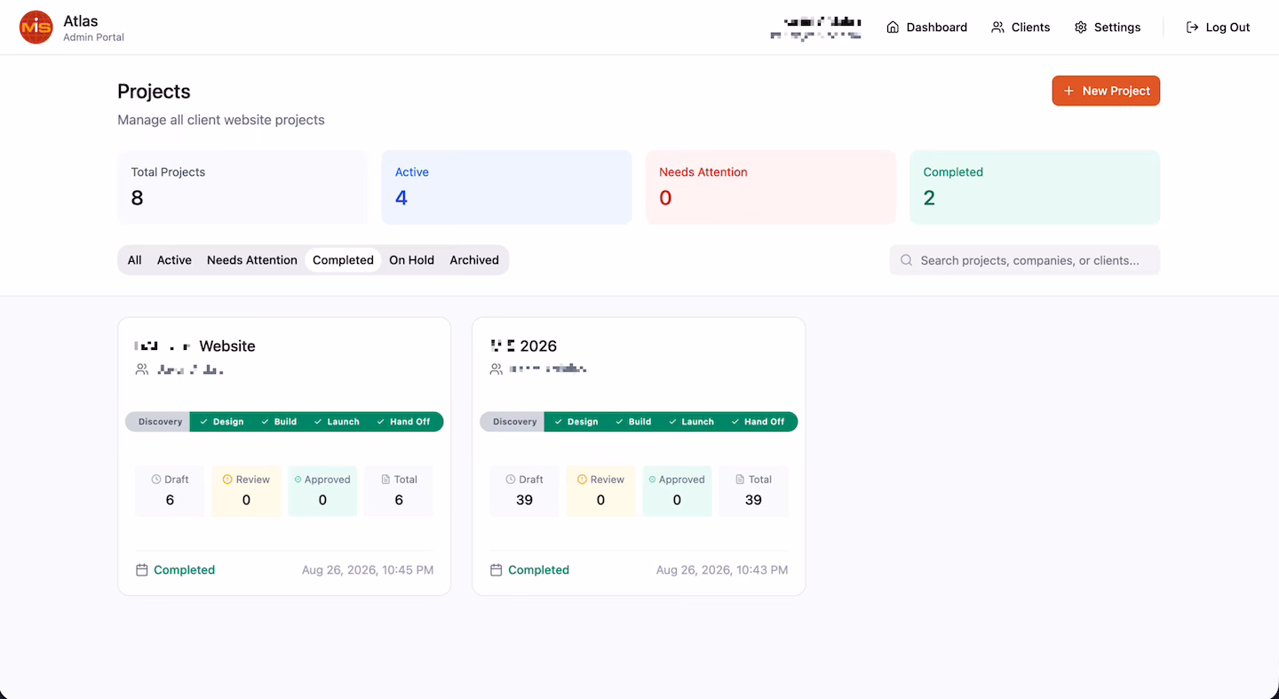 Atlas project dashboard showing website project stages