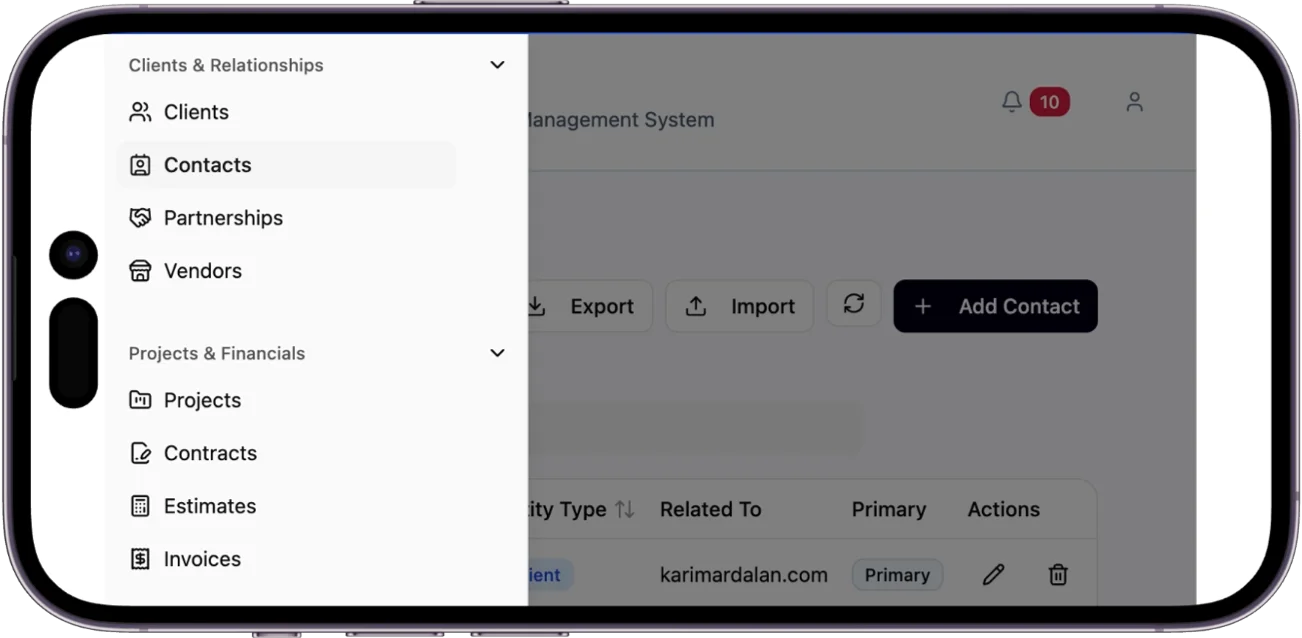 Custom CRM mobile dashboard navigation menu
