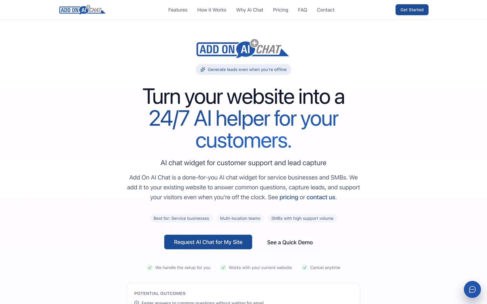 Add On AI Chat website showing the AI customer support and lead capture product