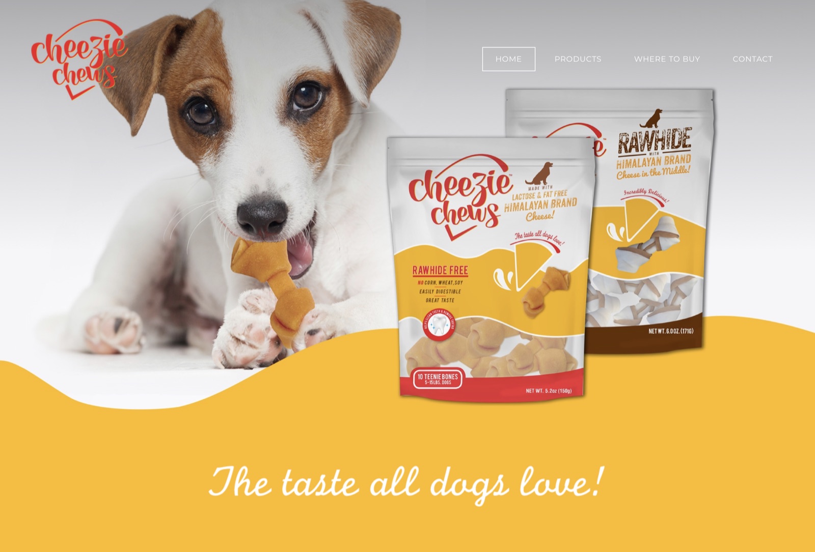 Cheezie Chews website homepage showing the dog chew product range