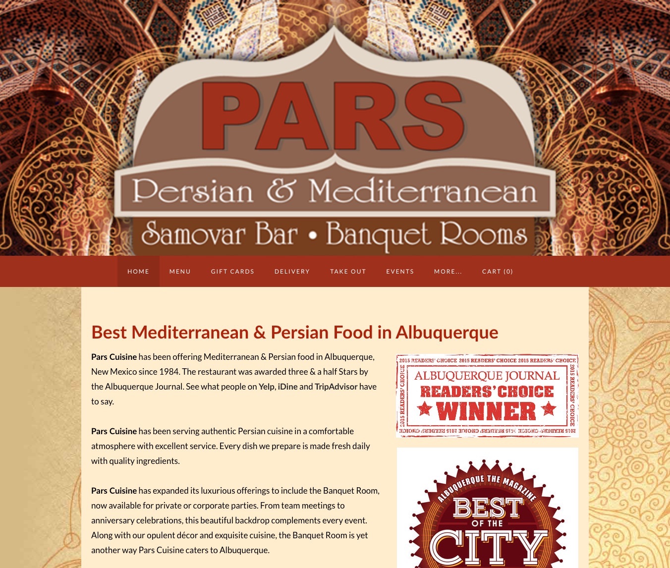 Pars Cuisine website homepage showing the restaurant’s branding and menu navigation