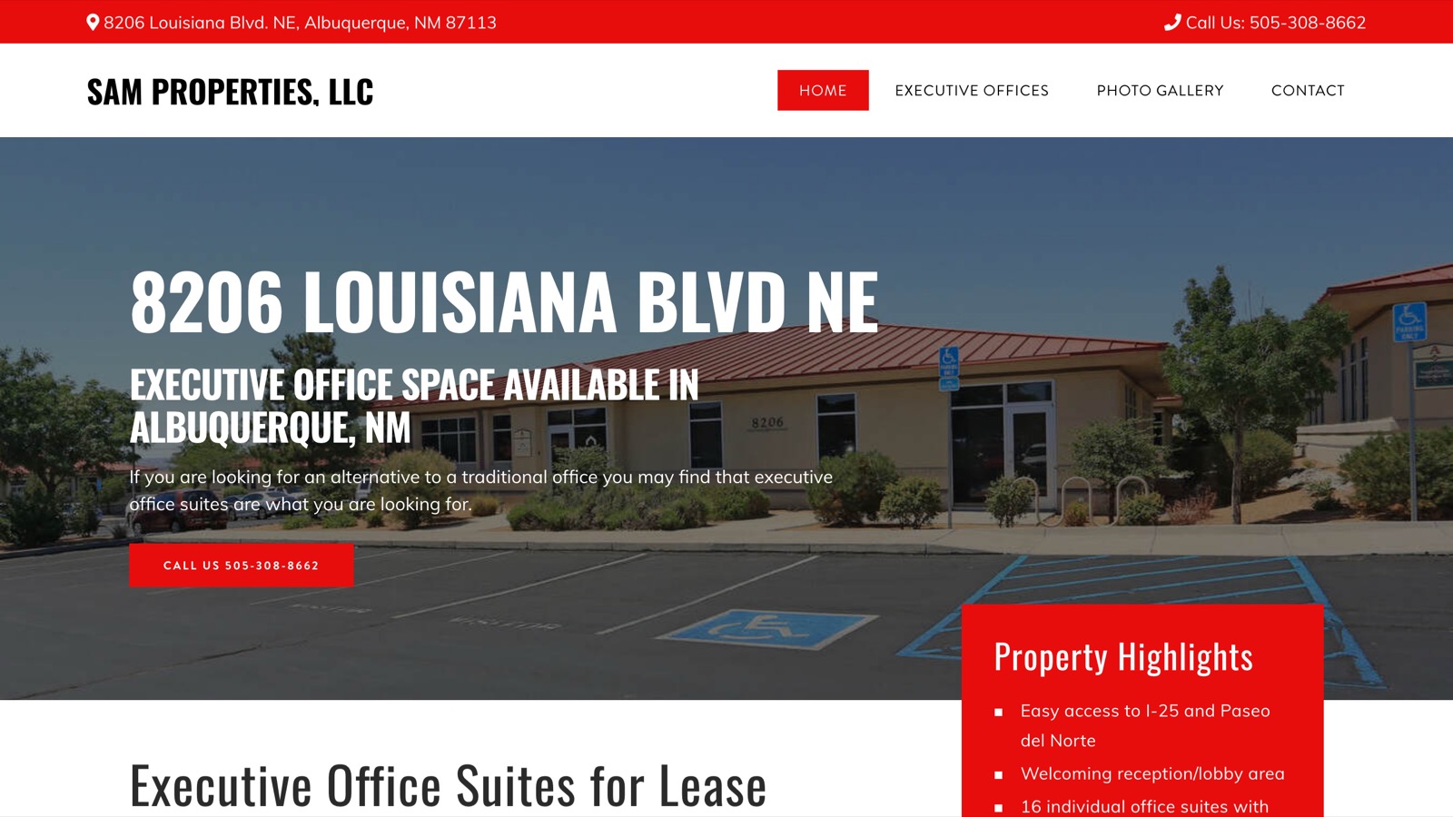 SAM Properties website showing executive office space for lease in Albuquerque